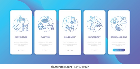 Traditional alternative medicine onboarding mobile app page screen with concepts. Naturopathy, acupuncture walkthrough five steps graphic instructions. UI vector template with RGB color illustrations