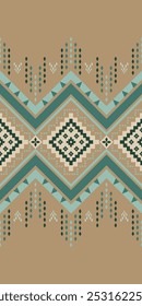 Traditional Amazon Jungle Theme. Detailed Colorful Cyan Viridian Embroidery On Brown Background. Ethnic Floral Seamless Pattern Vector. Nature Culture Textile, Wallpaper, Kilim, Handcraft, Needlecraft