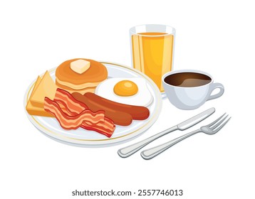 Traditional american breakfast with bacon, sausage, eggs, pancakes, coffee and orange juice vector illustration. Bacon and Eggs on a plate icon on a white background. Full american breakfast drawing