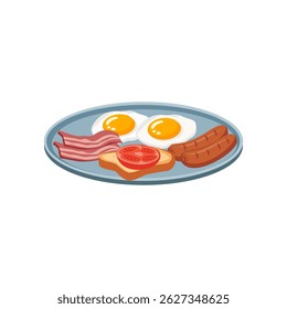 Café da manhã americano tradicional com bacon, salsicha, ovos, torrada, ilustração tomate.Vetor.