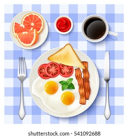 Traditional american breakfast with fried eggs bacon black coffee and grapefruit top view tablecloth background poster vector illustration 