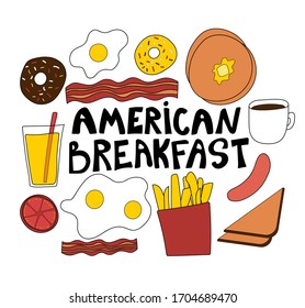 Traditional american breakfast. Pancakes, bacon and fried egg, donuts, fries, juice, coffee. Vector illustration for kitchen, cafe menu, cooking.
