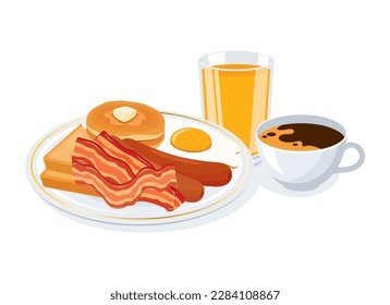 Traditional american breakfast vector illustration. Bacon, sausage, fried egg, toast bread, pancakes and coffee and orange juice icon vector isolated on a white background