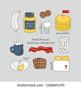 Traditional American Breakfast. Vector set with hand drawn doodles on the  theme of food. Sketches for use of design. 