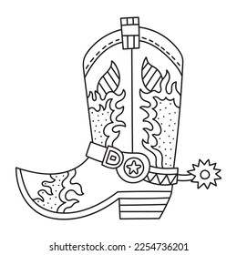 Traditional american cowboy and cowgirl boots with spurs. Western and wild west element. Flame design. Coloring page for kids. Cartoon vector illustration. Isolated on white. Black lines. Outlined