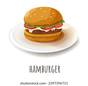 Traditional American food, isolated hamburger served on plate. Tasty meal with bun and meat, ham and cheese, vegetables and lettuce leaves. Dieting and nourishment in cafe. Vector in flat style
