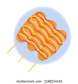 Traditional American fried corn dog dish with sausage and cheese. Vector illustration of food.