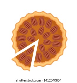 Traditional american homemade pecan pie with pie slice and pecan nuts vector illustration isolated pn white background.