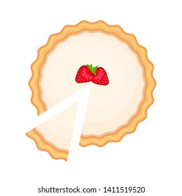 Traditional american homemade strawberry pie with pie slice vector illustration isolated on white background. Strawberry cheesecake.