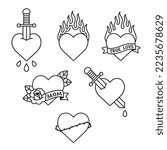 Traditional American Old School tattoo set. Heart tattoos with daggers, roses, scrolls and fire, thorn crowns and drops of blood. Black and white illustration.