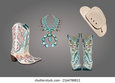 Accesorios occidentales tradicionales estadounidenses - sombrero de vaquero, botas de vaquera, collar de turquesa navajo. Concepto de la zona salvaje occidental. Ilustración de arte vectorial realista aislada.