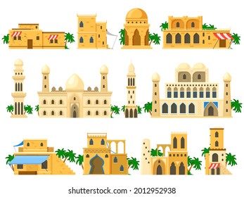 Traditional ancient arabic architecture mud brick buildings. Towers, houses, rotunda and castle buildings vector illustration set. Arabic buildings architecture ancient, traditional building stone