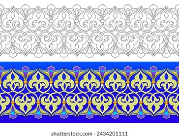 Traditional ancient Arabic border design. Seamless pattern ornament. Color and black and white template set. Print for fabric, embroidery, carpet, wallpaper. Oriental decoration. Vector illustration.