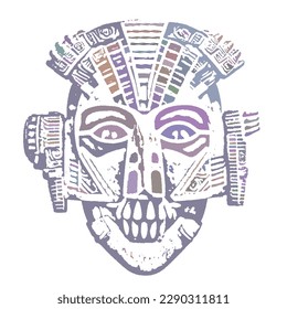 Traditional ancient aztec mask. Isolated on white. Striped lines design. Linear Vector illustration.