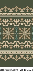 Traditional Ancient of Golden Ages Embroidery On Green Background Pattern. Elaborate Seamless Vector for Luxury Design Apparel, Cushion, Rug, High Fashion. Haute Couture Lily French Hand Draw Textile 