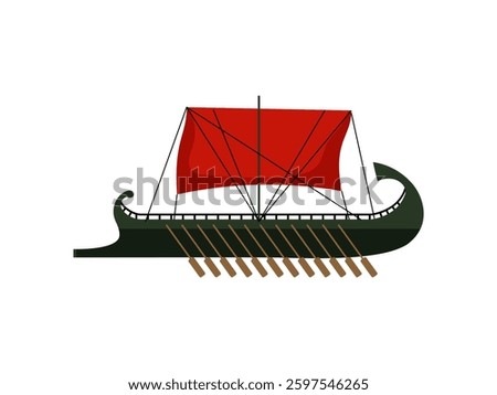 Traditional ancient ship with a red sail and wooden oars for historical representation.