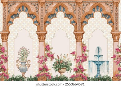 Traditional Andalusia arch, bougainvillea flowers illustration with arabesques pattern for wallpaper