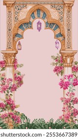 Traditional Andalusia arch, bougainvillea flowers illustration with arabesques seamless pattern