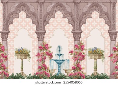 Traditional Andalusia arch, bougainvillea flowers illustration with arabesques pattern for wallpaper print