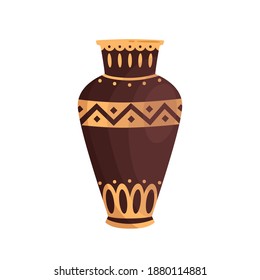Traditional antique greek vase decorated by hellenic ornaments vector flat illustration. Ancient pottery vessel or jug isolated on white background. Clay amphora, decorative clay drinkware