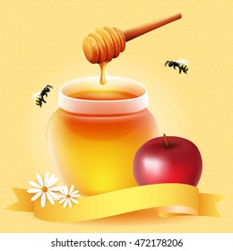 Traditional apple and honey. Design for Rosh Hashanah (Jewish New Year).