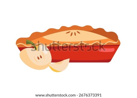 Traditional Apple Pie with Apples Isolated on a White.  Autumn Seasonal Food. American Sweet Pie Clip Art. Flat Vector illustration.