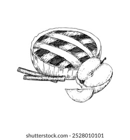 Torta de maçã tradicional com paus de canela e fatias de maçã gráficos de tinta. Bolo assado de outono , gravando ilustração de alimentos para embalagem de produto, logotipo de padaria, design de rótulo. Linha arte esboço doce comida