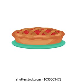 Traditional apple pie on turquoise plate. Delicious fruit dessert. Colorful food icon. Cartoon flat vector element for recipe book or cafe menu