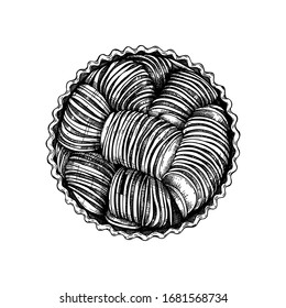 Traditional apple pie sketch. Hand drawn fruit and berry baking cake illustration. Homemade apple tart drawing. Sweet bakery.  