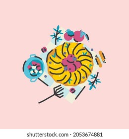 Traditional apple pie surrounded by kitchen utensils, spices, and fruits,  illustration isolated on pink background. Apples and cinnamon. Poster design in vector.