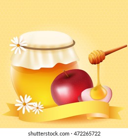 Traditional apple slice and honey. Design for Rosh Hashanah (Jewish New Year).