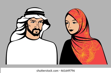 Traditional arab couple. Vector flat illustration