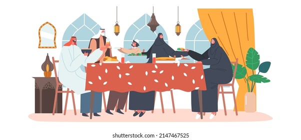 Traditional Arab Family Characters Eating Ifthar or Iftar Sitting Together at Table with Various Meals During Ramadan Holy Month, Muslim Holiday Celebration. Cartoon People Vector Illustration