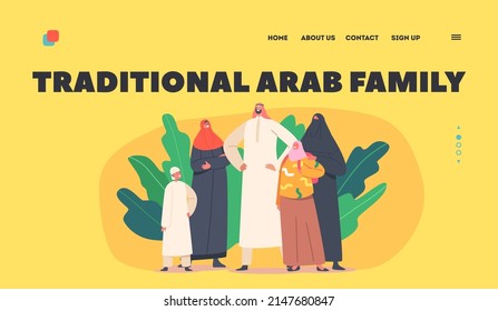 Traditional Arab Family Landing Page Template. Parents and Children Characters. Saudi People Wear National Clothes Thawb or Hijab. Muslim Culture, Arabian Personages. Cartoon Vector Illustration