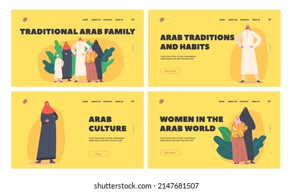 Traditional Arab Family Landing Page Template Set. Parents and Children Characters. Saudi People Wear National Clothes Thawb or Hijab. Muslim Culture, Arabian Personages. Cartoon Vector Illustration