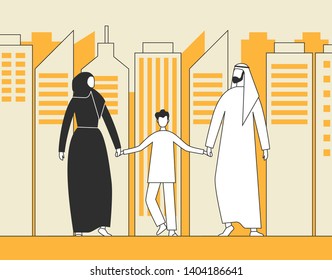 Traditional Arab family, Muslim culture. Man, woman and child walking on the background of city skyscrapers, thin stroke line. Flat vector illustration.