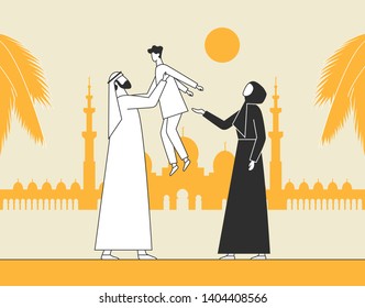 Traditional Arab family, Muslim culture. Man holding a child, raise up. Parents with son on the background of mosque, thin stroke line. Flat vector illustration.