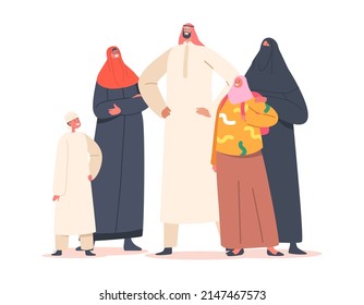 Familia árabe tradicional, padres y personajes infantiles. El pueblo saudita usa ropas nacionales Thawb o Kandura, hijab o abaya. Cultura Musulmana, Personajes Árabes. Ilustración del vector de dibujos animados