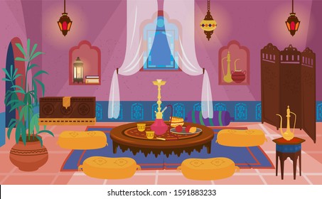 Traditional Arab living room interior. Round wooden table with hookah with pillows, niche with ceramics, lantern with stained glass, screen, metal chest, tiled floor. Cartoon vector illustration.