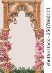 Traditional arabesques pattern in Andalusia arch with bougainvillea flowers illustration