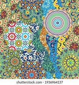 Traditional Arabian arabesque tiles patchwork wallpaper abstract vector seamless pattern