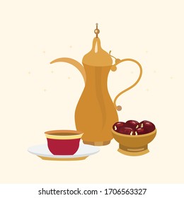 A traditional Arabian coffee pot with glass coffee cups a tray of dates. Coffee and dates are often eaten at iftar or the end of the fasting period in Ramadan