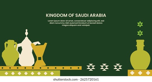 Traditional Arabian Coffee Pots and Vases Decor with Geometric Sadu Pattern Elements on Dark Green Background

