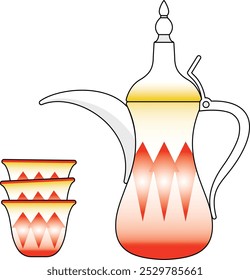 Olla de café árabe tradicional de Dallah con la ilustración de las tazas