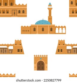 Traditional Arabian houses, mosque, gates seamless vector pattern.