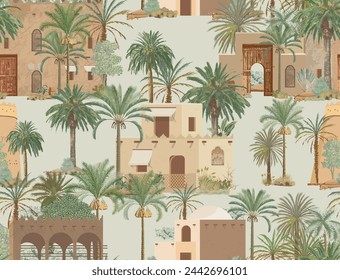 Traditional Arabian landscape, palm tree, house seamless pattern illustration