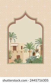 Traditional Arabian landscape with palm tree illustration frame