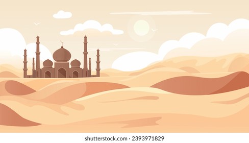 Traditional arabian mosque in sand dune desert. Sunrise in Sahara. Islamic muslim temple, traveling and pilgrimage across middle east. Scenic landscape. Vector illustration