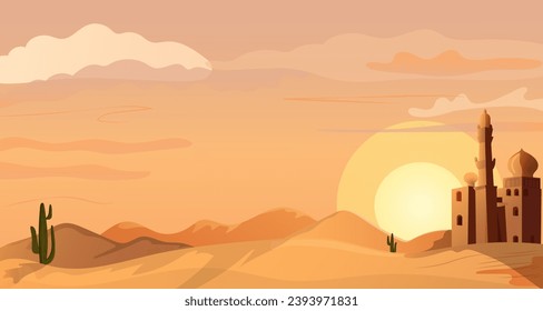 Traditional arabian mosque in sand dune desert. Sunrise, sunset in Sahara. Islamic muslim temple, traveling and pilgrimage across middle east. Scenic landscape. Vector illustration