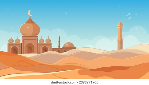 Traditional arabian mosque in sand dune desert. Sunrise in Sahara. Islamic muslim temple, traveling and pilgrimage across middle east. Scenic landscape. Vector illustration